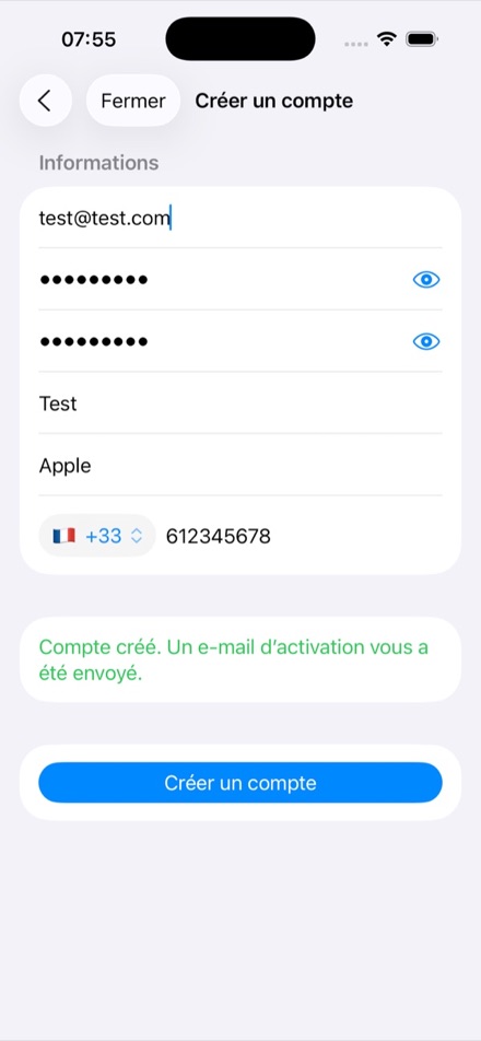 Écran de création de compte